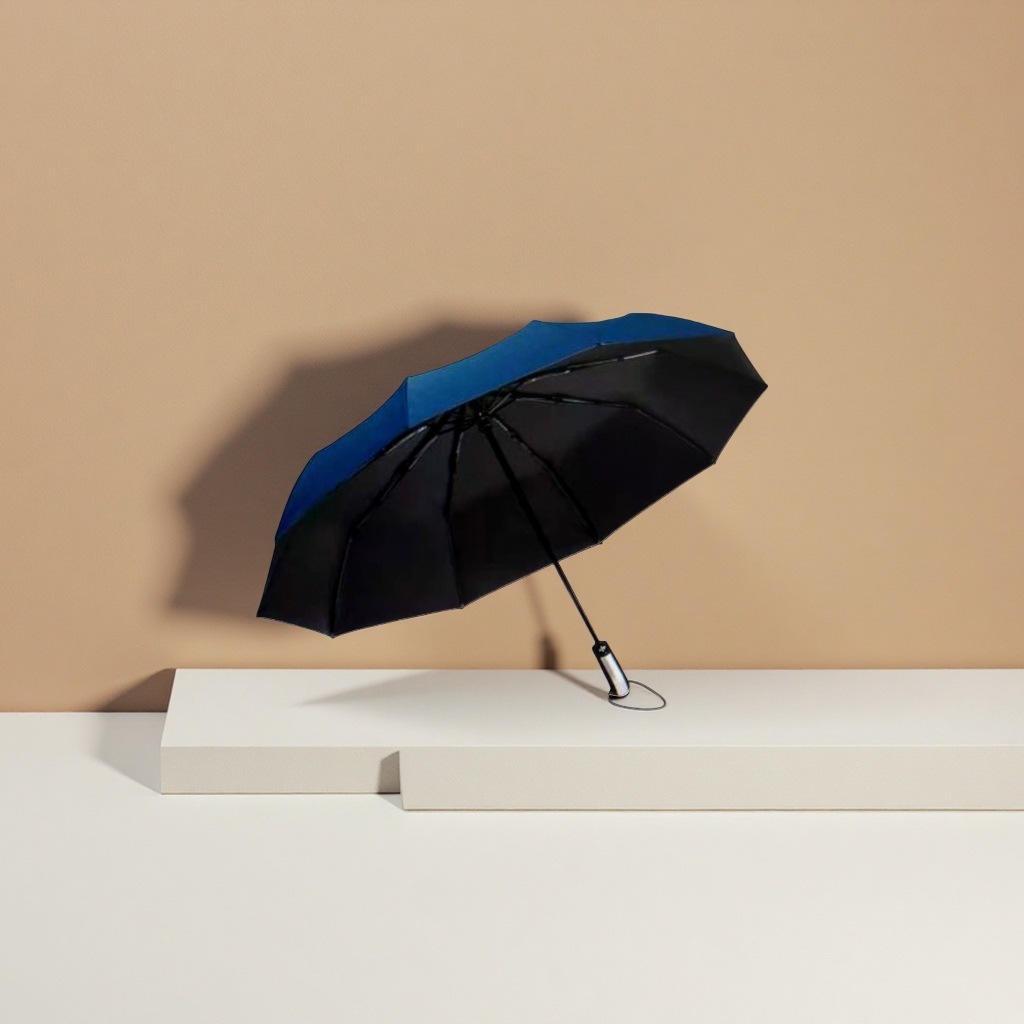 A navy blue self-opening and closing umbrella for both weather and rain, waterproof and sun-proof, portable and foldable with a long handle