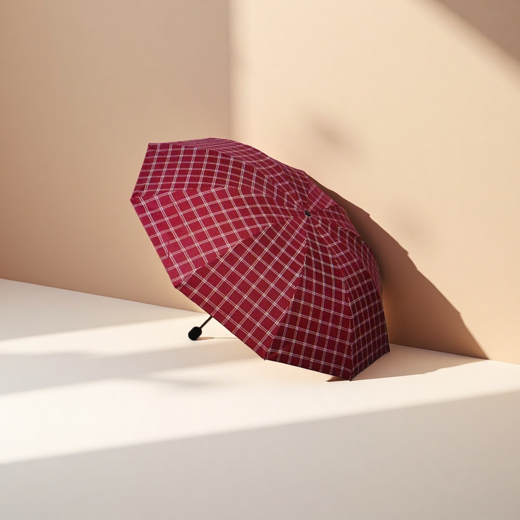 The red checkered pattern all-weather umbrella is waterproof, sun-proof, lightweight and foldable, suitable for both women and men details Picture