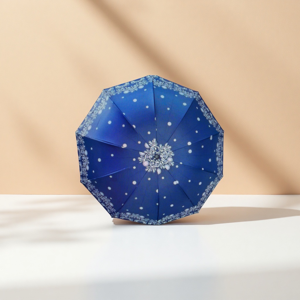 Blue and white polka dot patterned all-weather umbrella details Picture