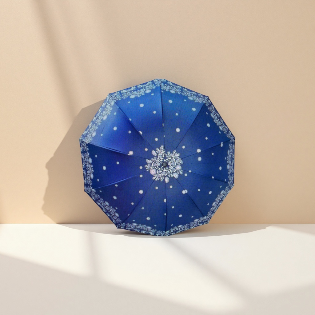 Blue and white polka dot patterned all-weather umbrella Application Scenario