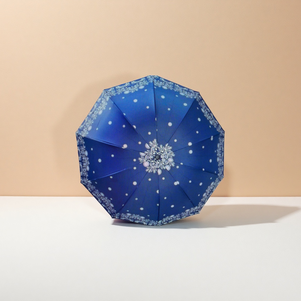 Blue and white polka dot patterned all-weather umbrella
