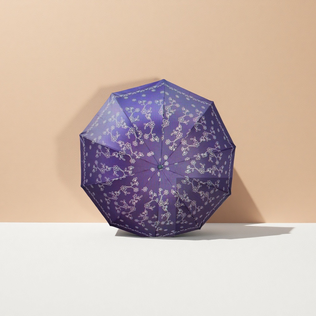 A purple floral pattern umbrella for both sunny and rainy days