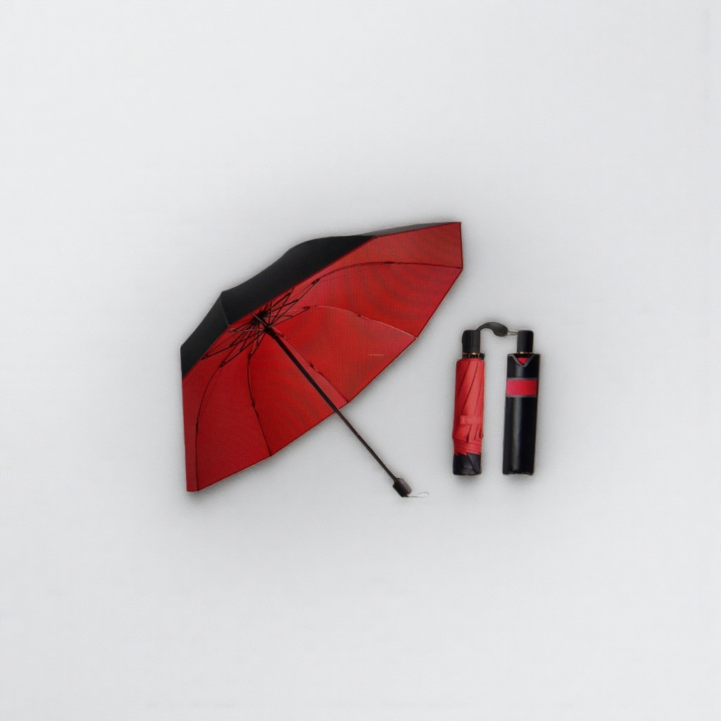 A large red self-opening and closing umbrella for both weather and rain, waterproof and sun-proof, portable and foldable with a long handle