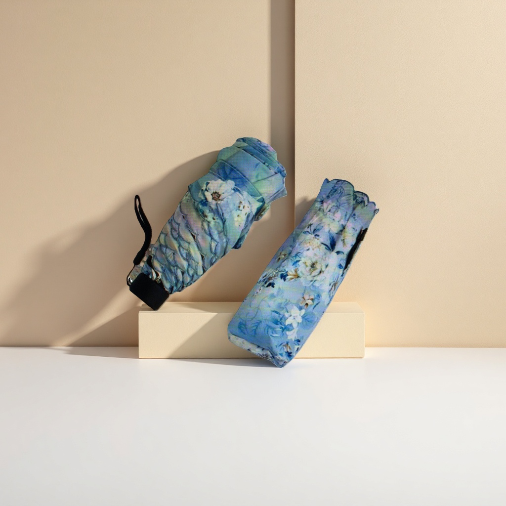 The blue floral pattern folding umbrella is waterproof, sun-proof, portable and suitable for ladies in both sunny and rainy weather Specification image