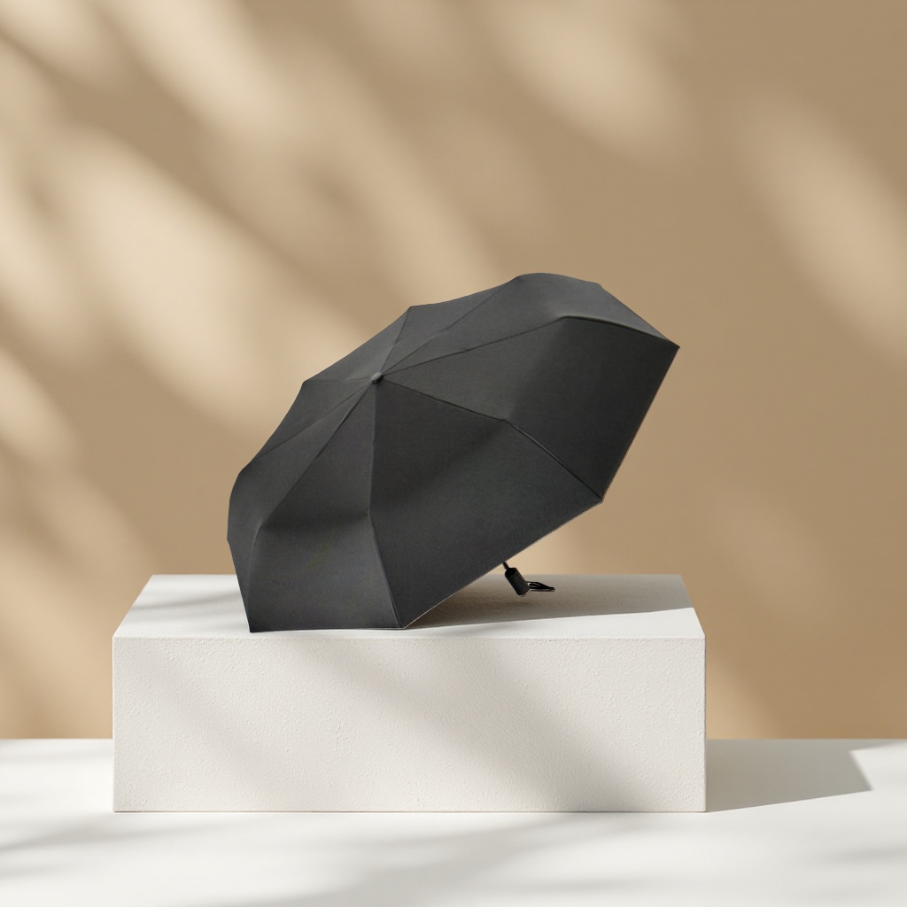 Black high-density impact-resistant fabric umbrella, three-fold portable, wind-resistant, sun-proof and lightweight Specification image