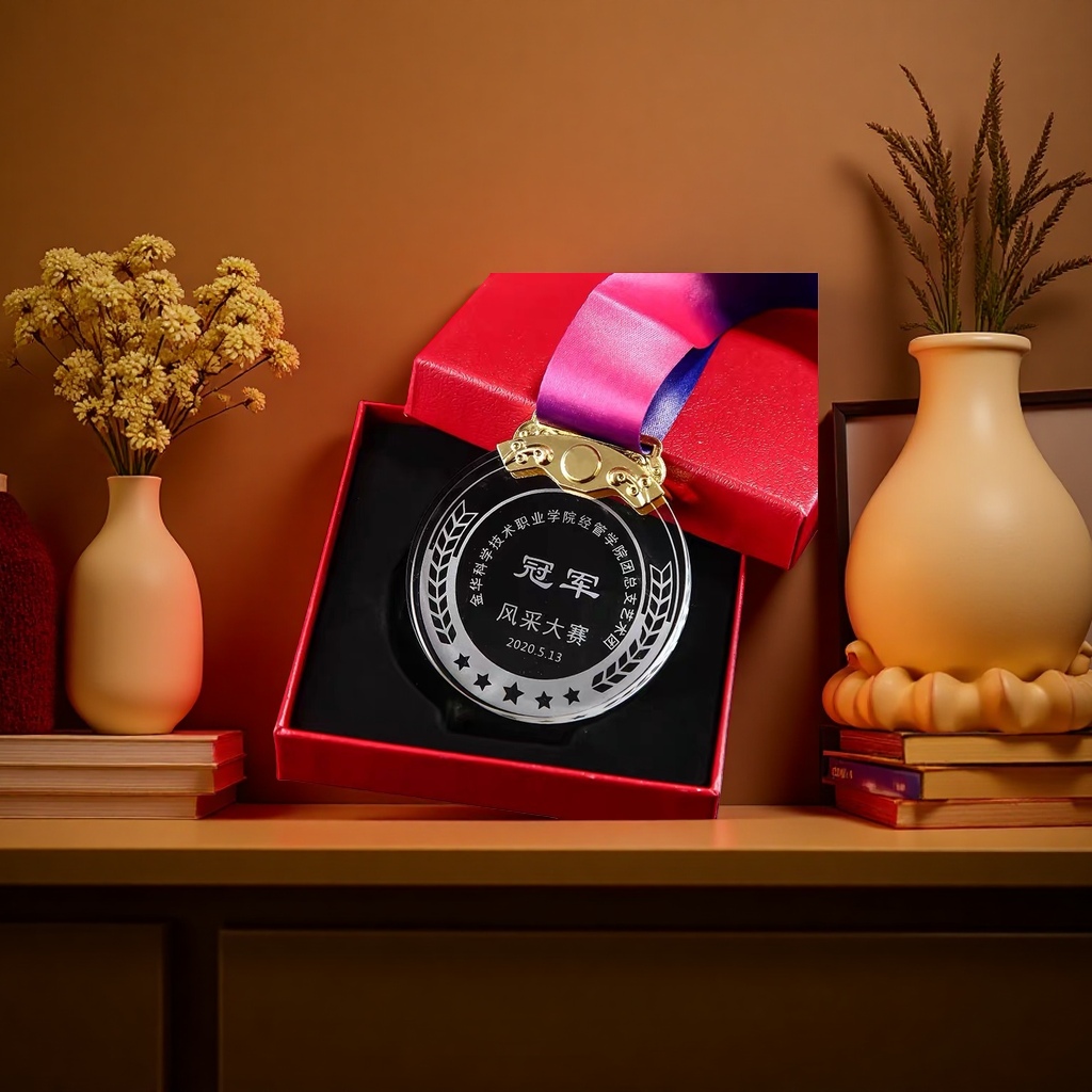 Customized metal medal, medal lanyard set, gold and silver plated commemorative medal, engraved with words Specification image
