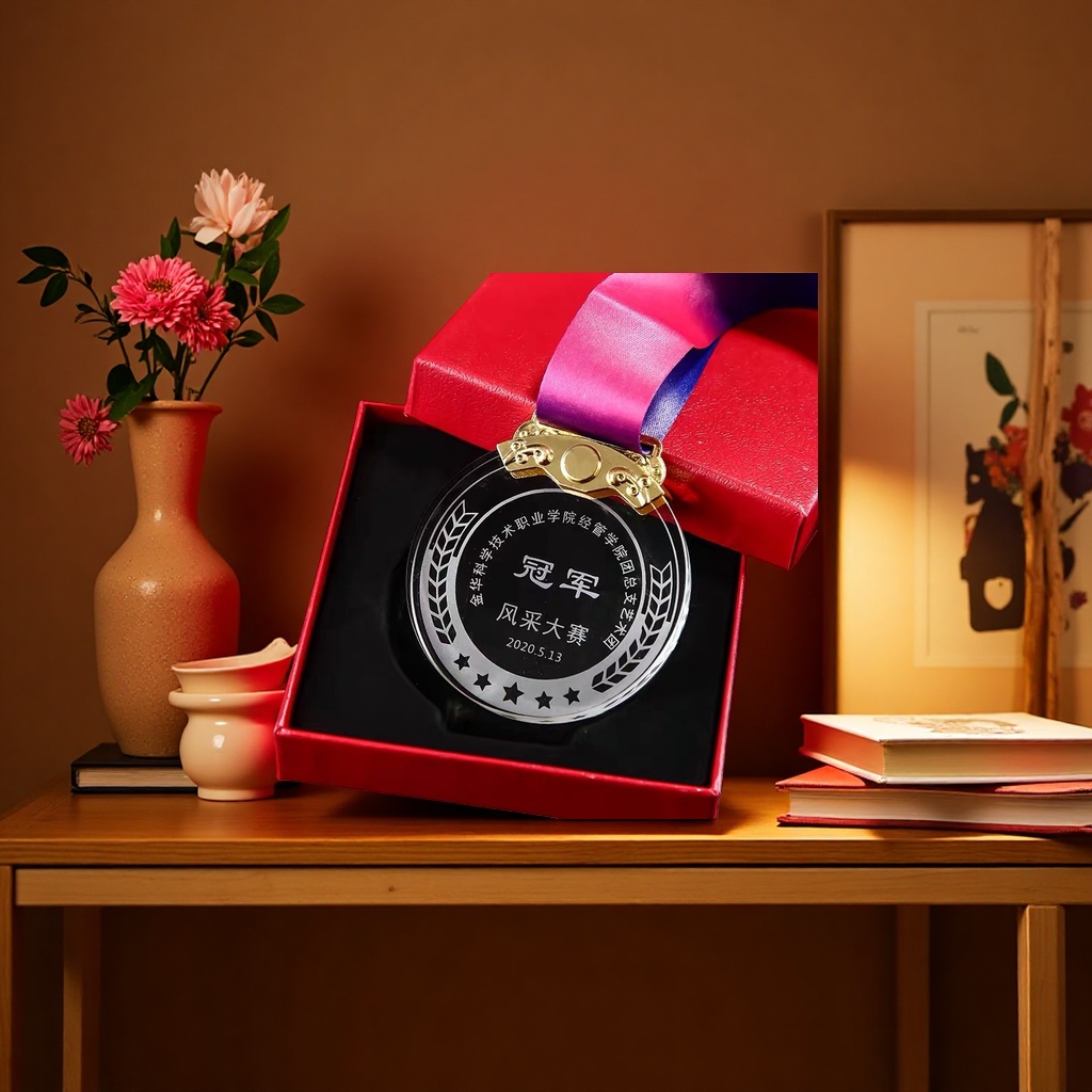 Customized metal medal, medal lanyard set, gold and silver plated commemorative medal, engraved with words
