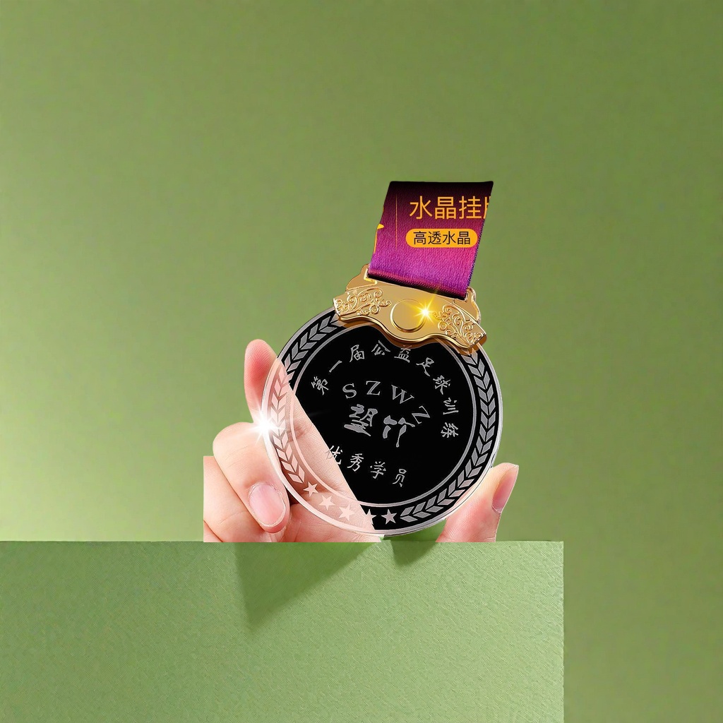 Medalla de cristal metal personalizado chapado en oro medalla conmemorativa Specification image