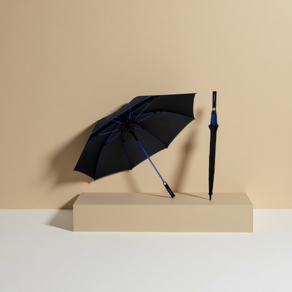 The blue and black eight-bone automatic umbrella is windproof, sun-proof, all-weather and portable with folding function details Picture