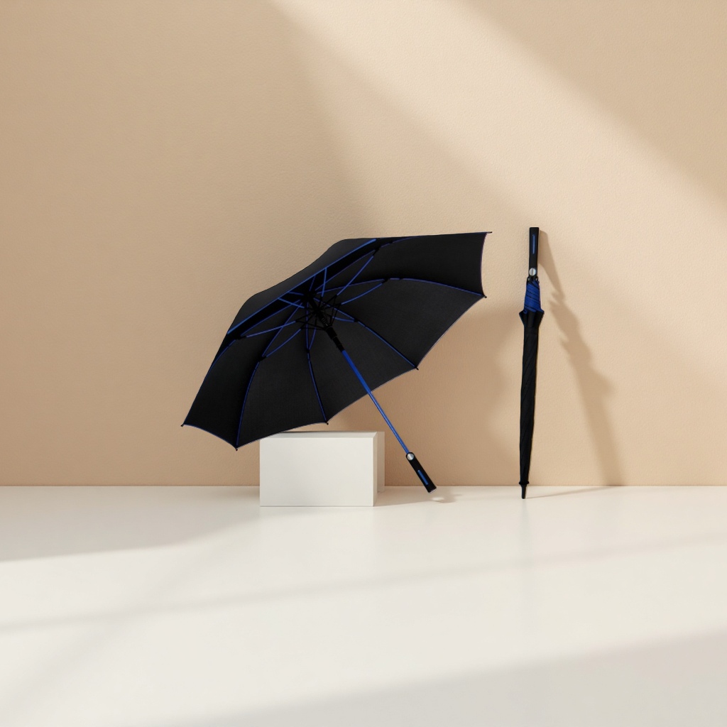 The blue and black eight-bone automatic umbrella is windproof, sun-proof, all-weather and portable with folding function Specification image