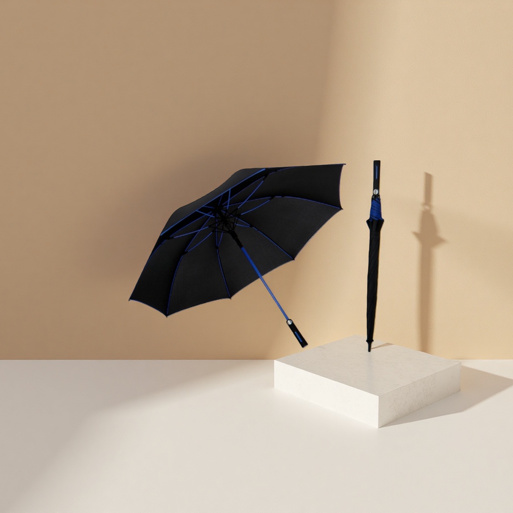 The blue and black eight-bone automatic umbrella is windproof, sun-proof, all-weather and portable with folding function Application Scenario