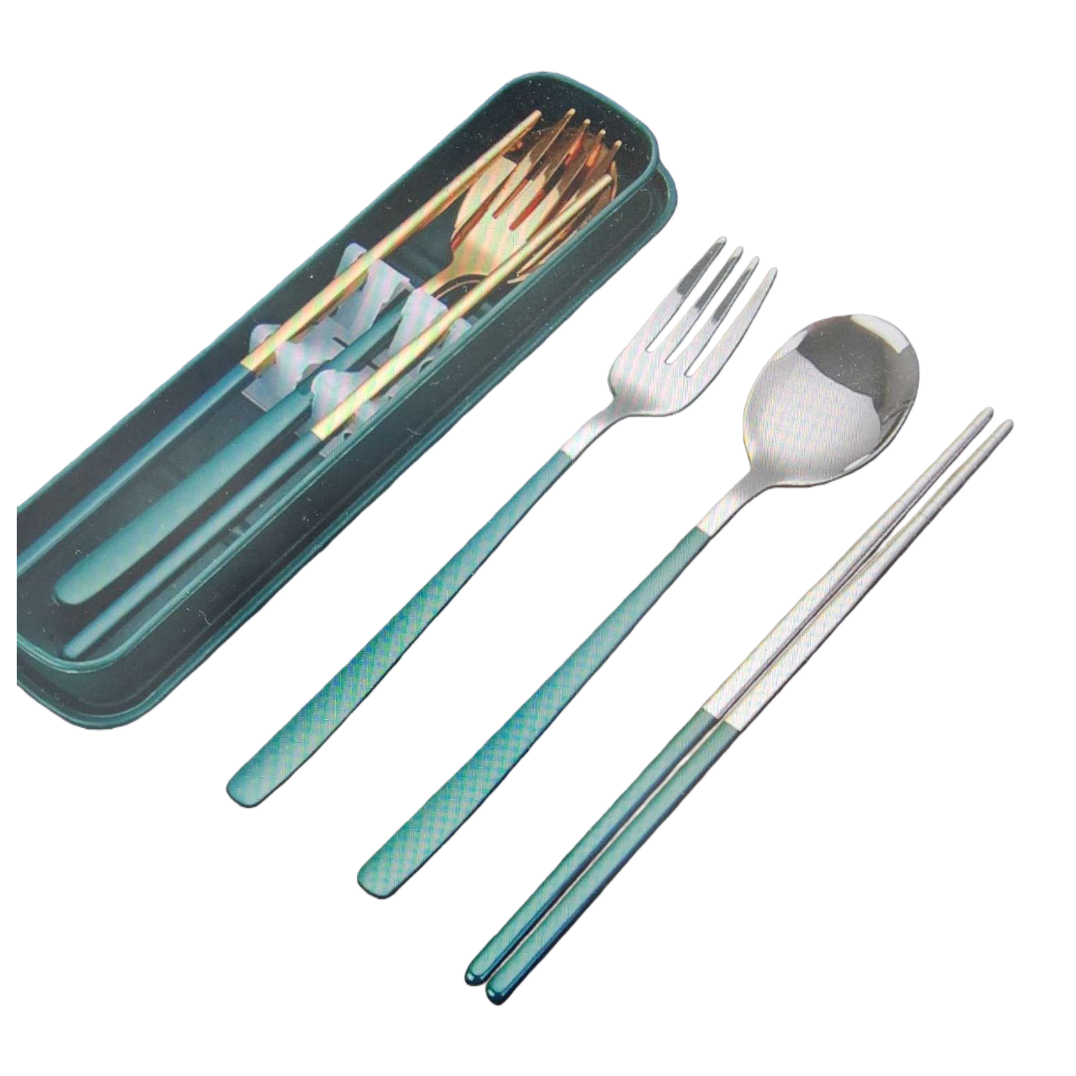 Portable tableware set, three-piece set of forks, spoons and chopsticks, stainless steel lightweight travel storage Item Picture
