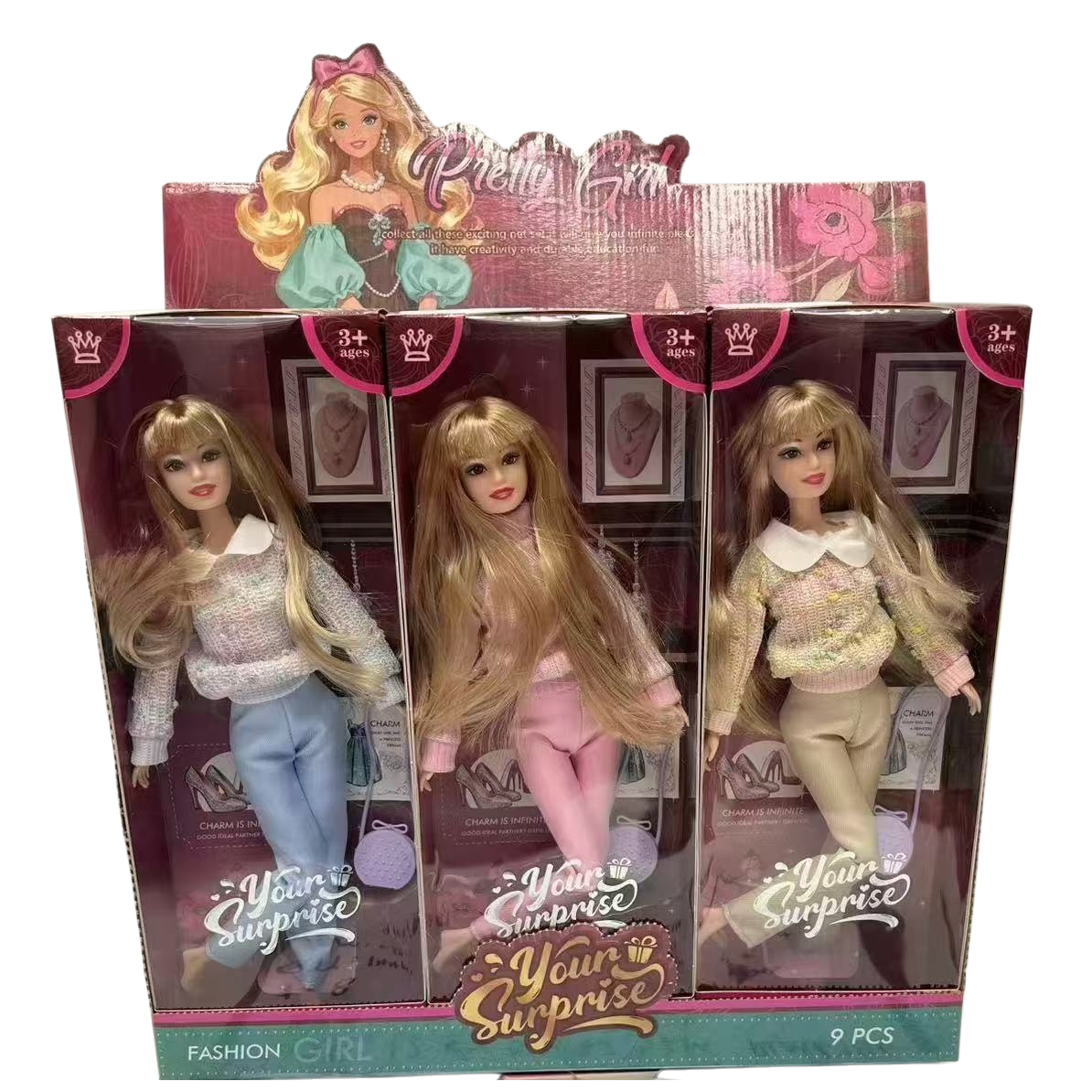 FASHION Doll toy Set Pretty Girl Purple Background Long Hair 3 styles Fashion GIRL 9 pieces Item Picture