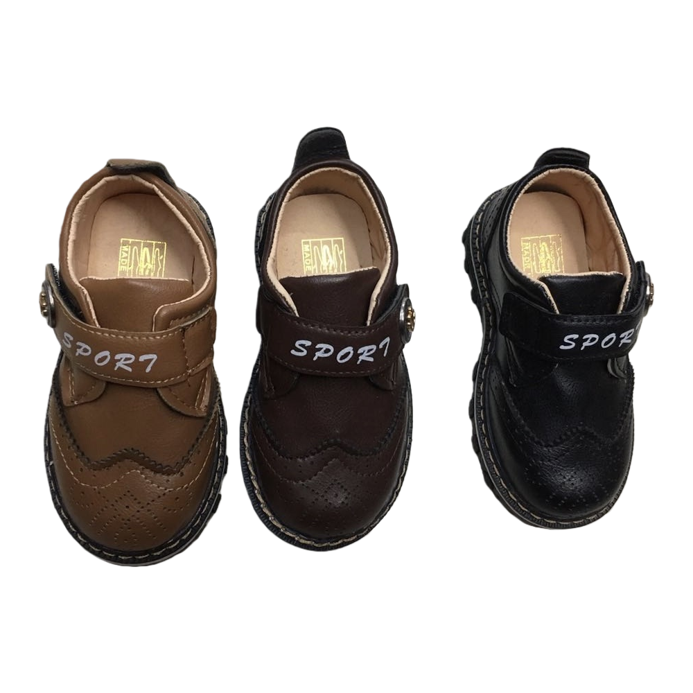 Three pairs of children's leather shoes, brown, dark brown, black, SPORT letter style with brand label Item Picture