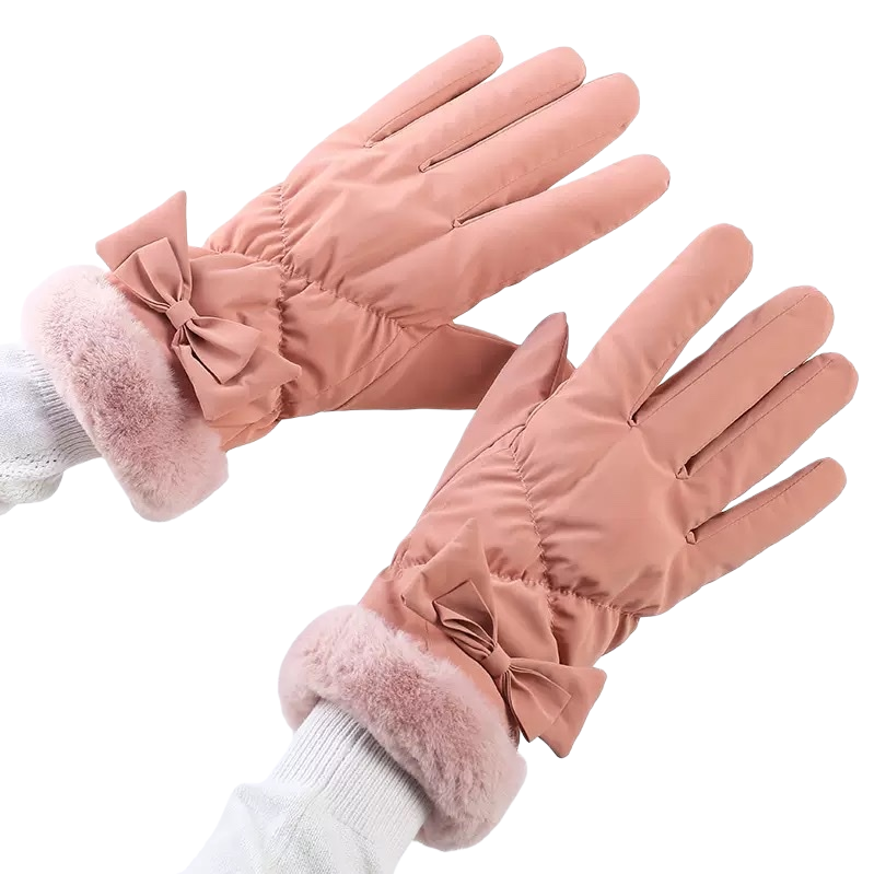 Pink bow plush gloves, thickened and warm, autumn and winter women's gloves Item Picture