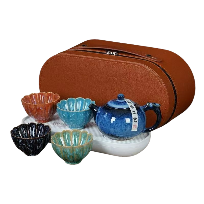 Horno changing longdan teware set viaje cuero marrón paquete de almacenamiento bandeja de té de cerámica blanca tetera de cerámica azul changing glaze tetera color changing glaze tazas de té Item Picture