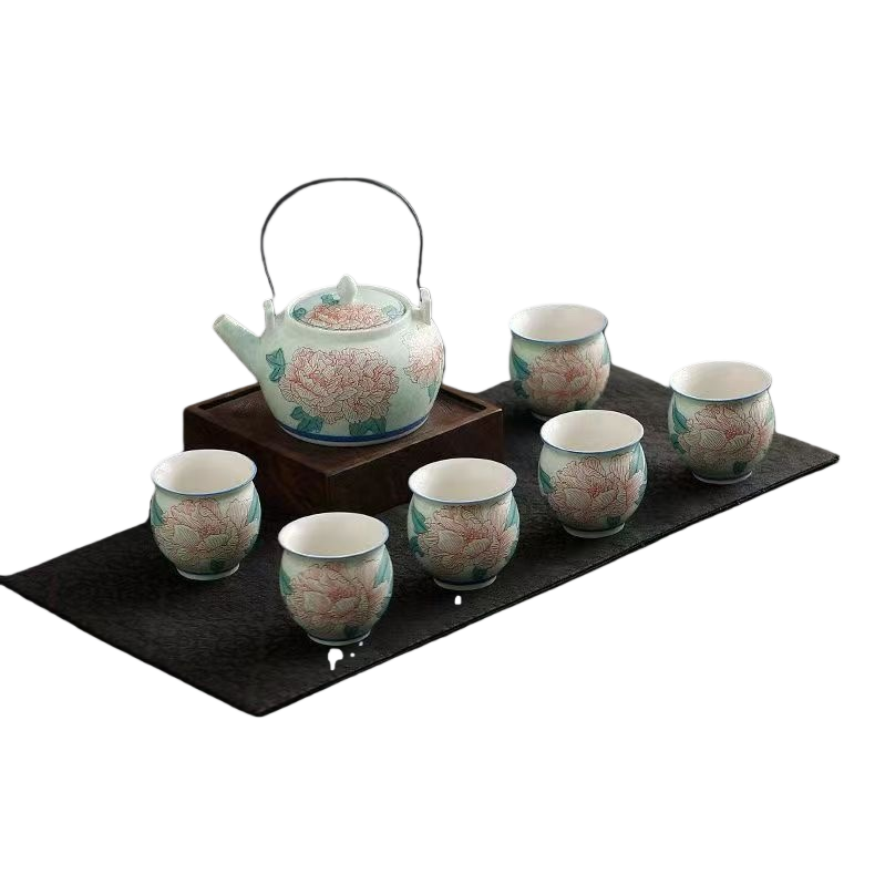 Pink peony handle teapot tea set, ceramic hand-pulled clay teapot with tea cups and tea tray Item Picture