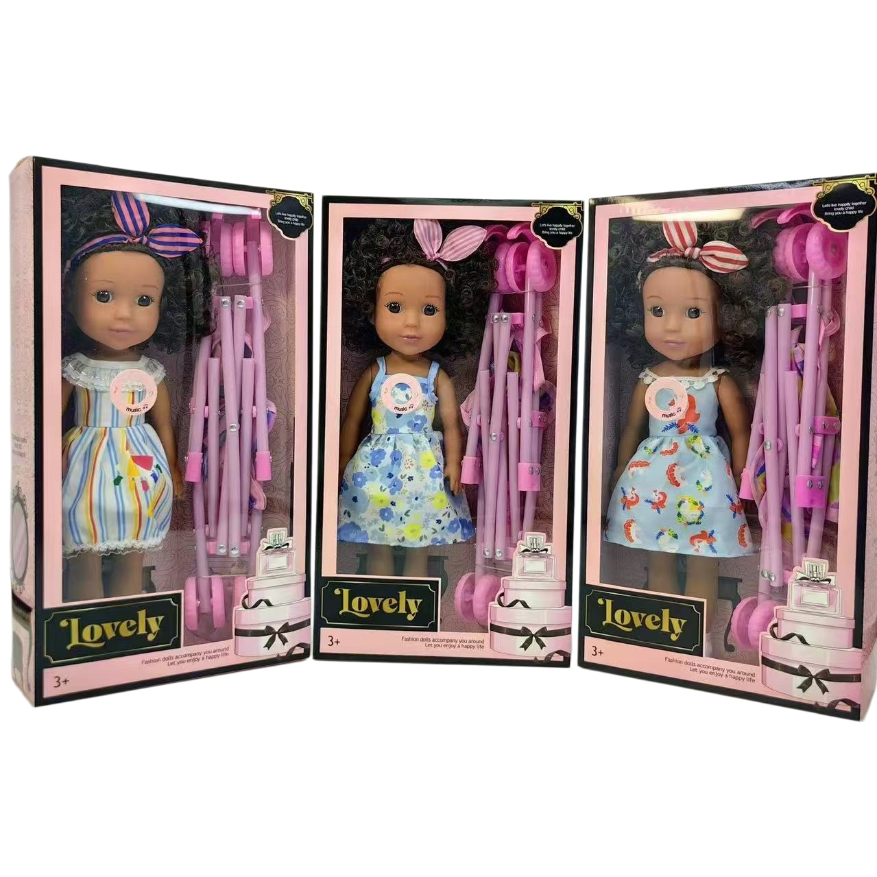 Lovely doll set of three pink boxes with bow hair accessories and dress accessories Item Picture