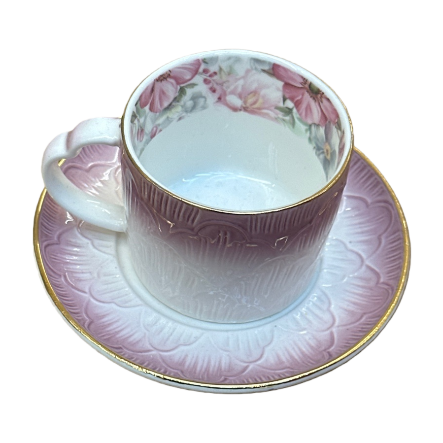 粉色花卉图案茶杯碟子套装白底实物图