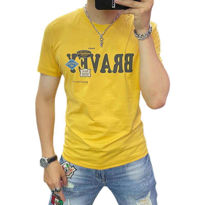 Black, yellow and white slim-fit round-neck T-shirt, men's casual and versatile short-sleeved top Item Picture