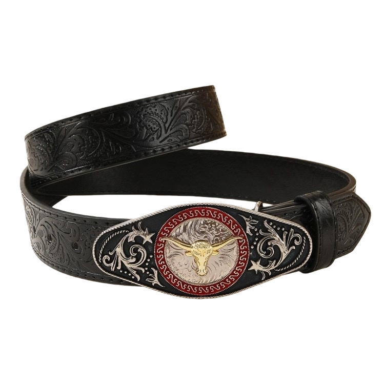 Black carved belt and silver bull head metal buckle men's belt Item Picture