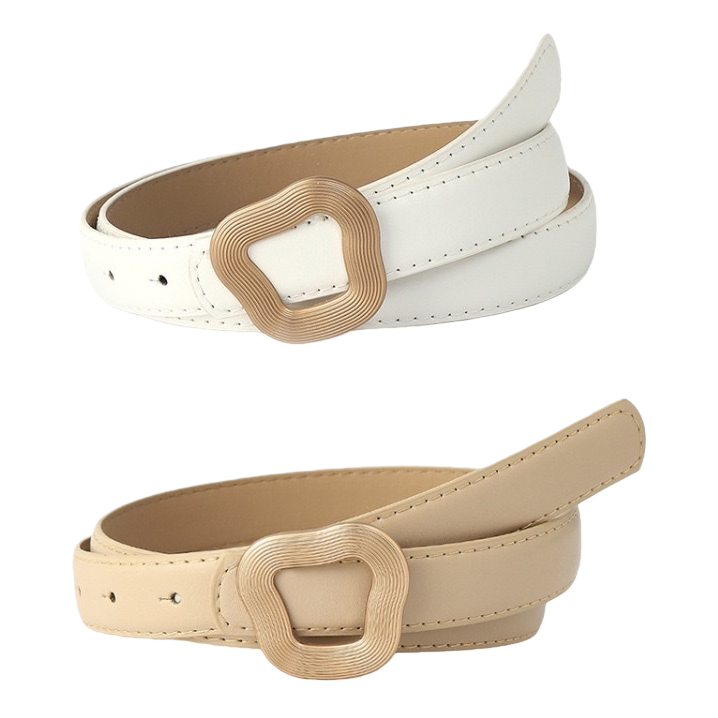 A simple and versatile leather belt for both men and women, available in white and beige Item Picture