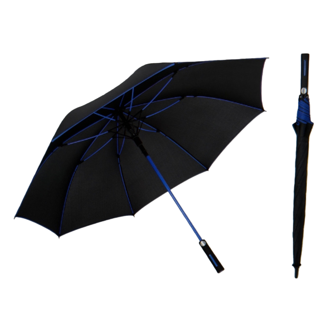 The blue and black eight-bone automatic umbrella is windproof, sun-proof, all-weather and portable with folding function Item Picture