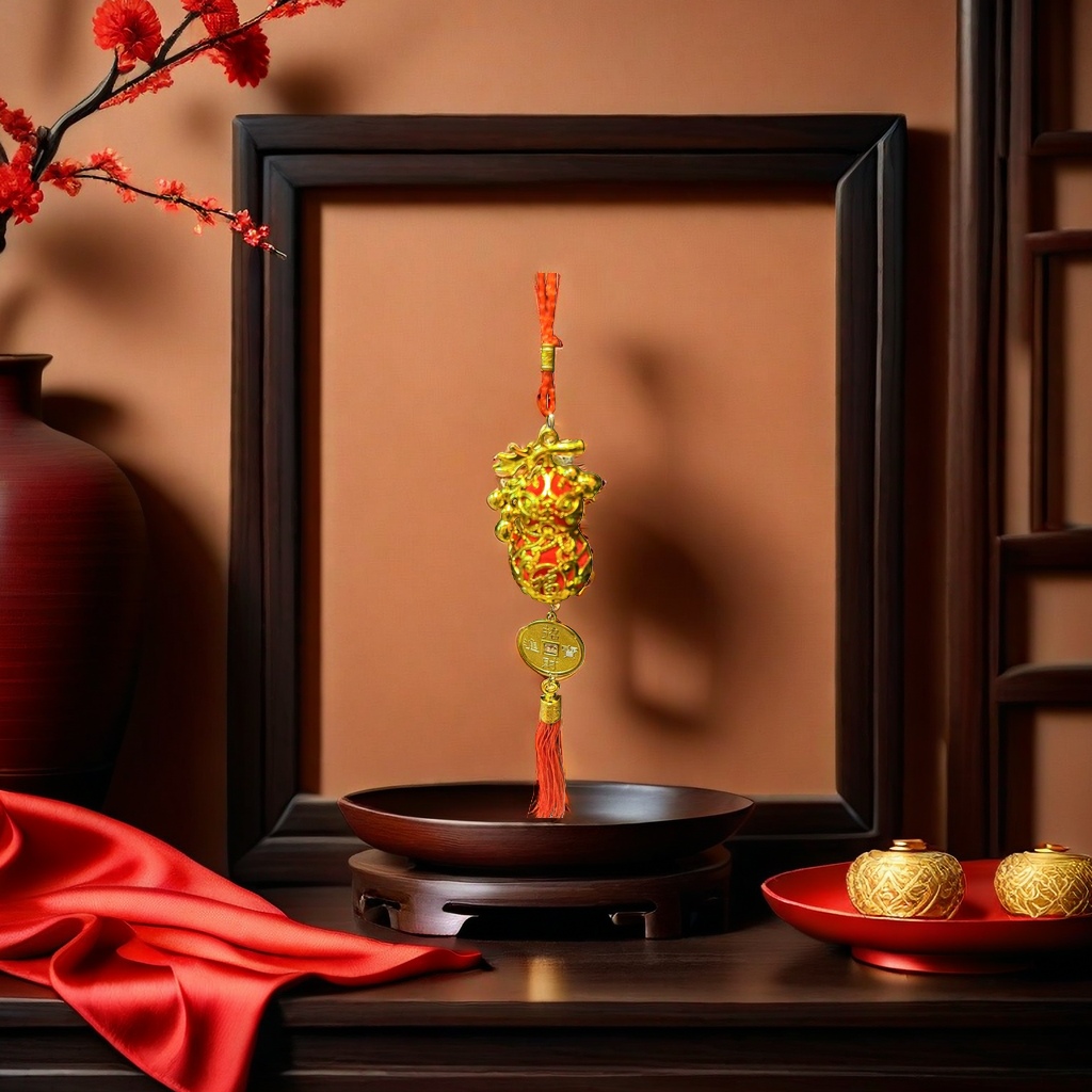 红色葫芦形挂饰 金色装饰 招财铜钱 红色流苏家居风水摆件产品图