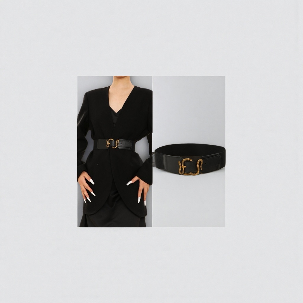 The black belt is simple and versatile. It is a 3.5cm wide adjustable leather belt