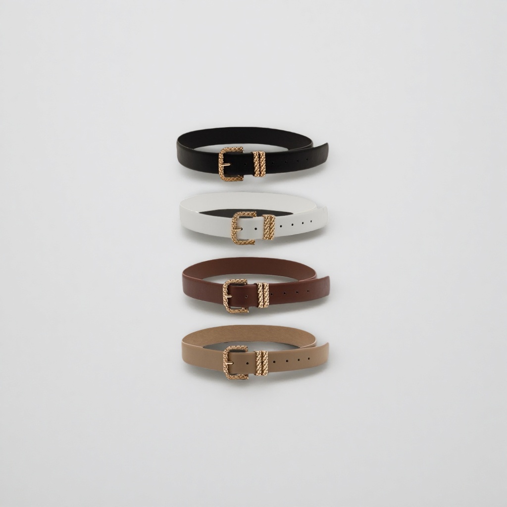 A fashionable and simple four-color belt set with black, white, brown, beige and golden woven buckles details Picture