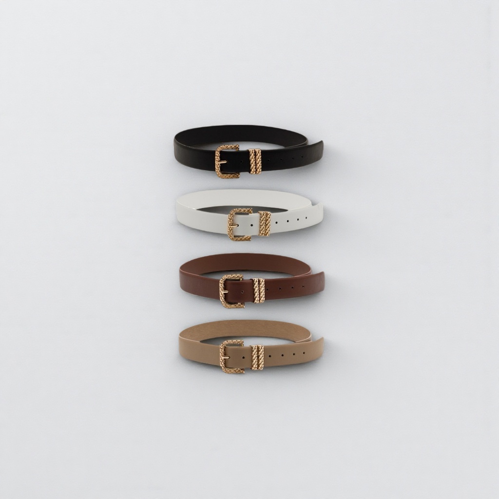 A fashionable and simple four-color belt set with black, white, brown, beige and golden woven buckles