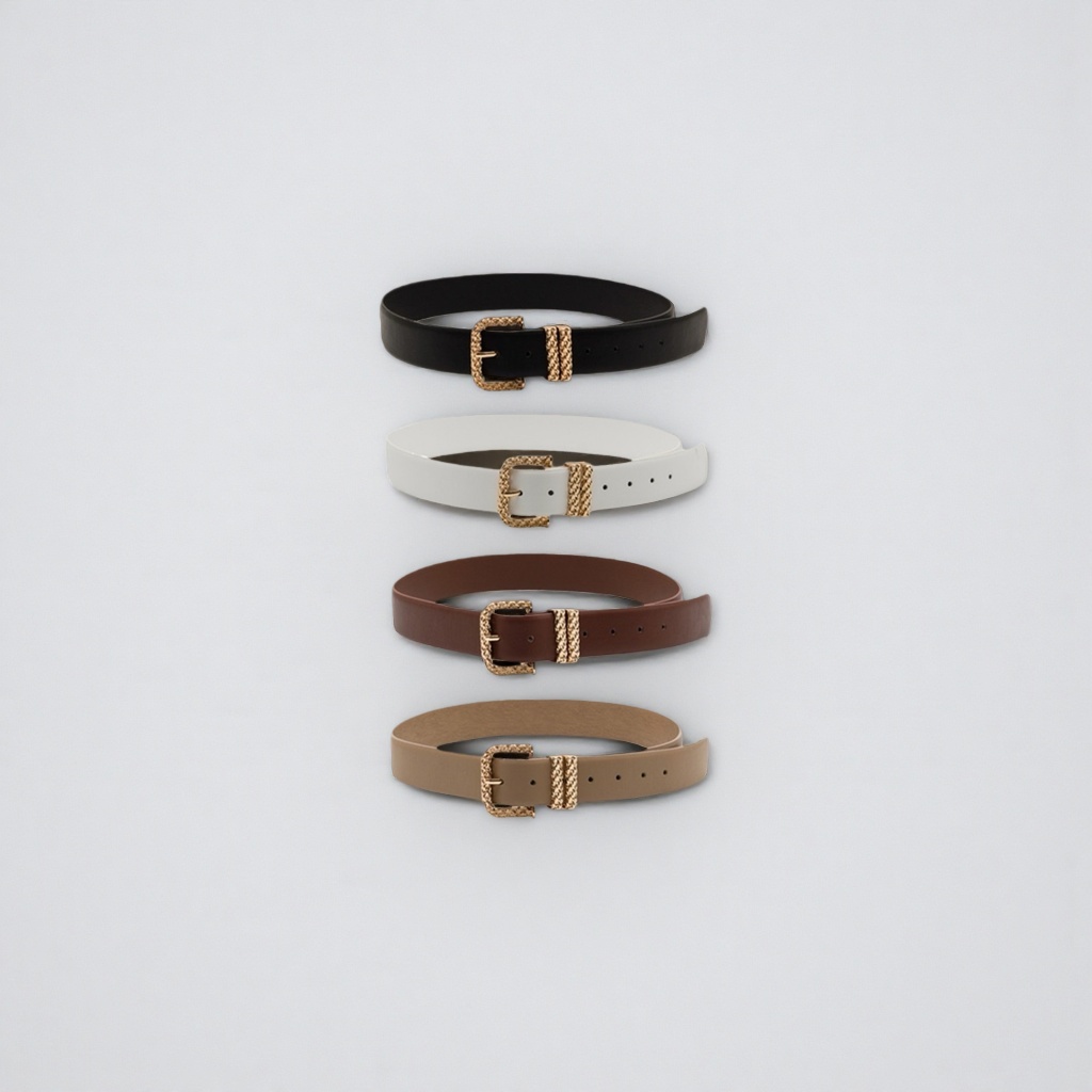 A fashionable and simple four-color belt set with black, white, brown, beige and golden woven buckles Specification image
