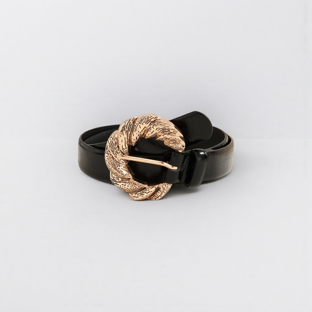 Black belt with golden patterned buckle casual belt