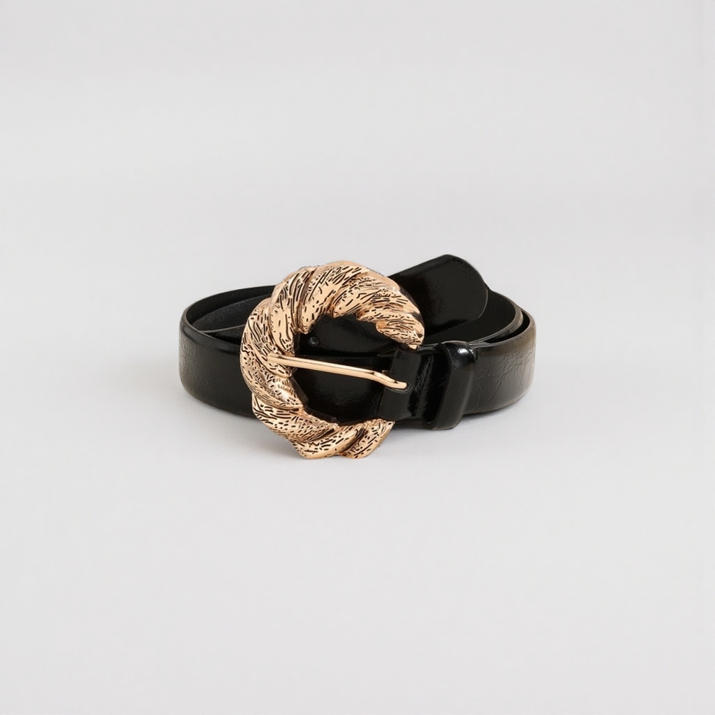 Black belt with golden patterned buckle casual belt Specification image