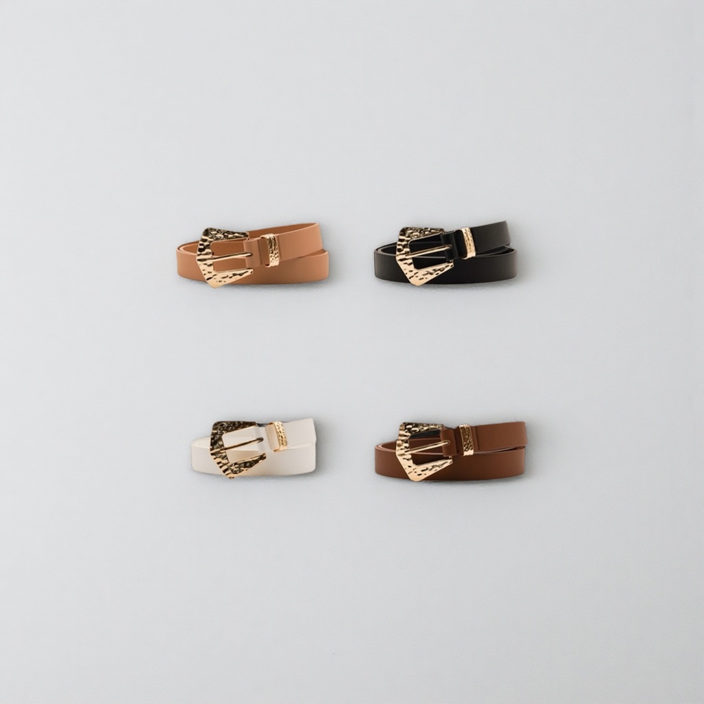 The fashionable belt is available in four colors: brown, black, white and dark brown, with a golden hammer-patterned metal buckle Application Scenario