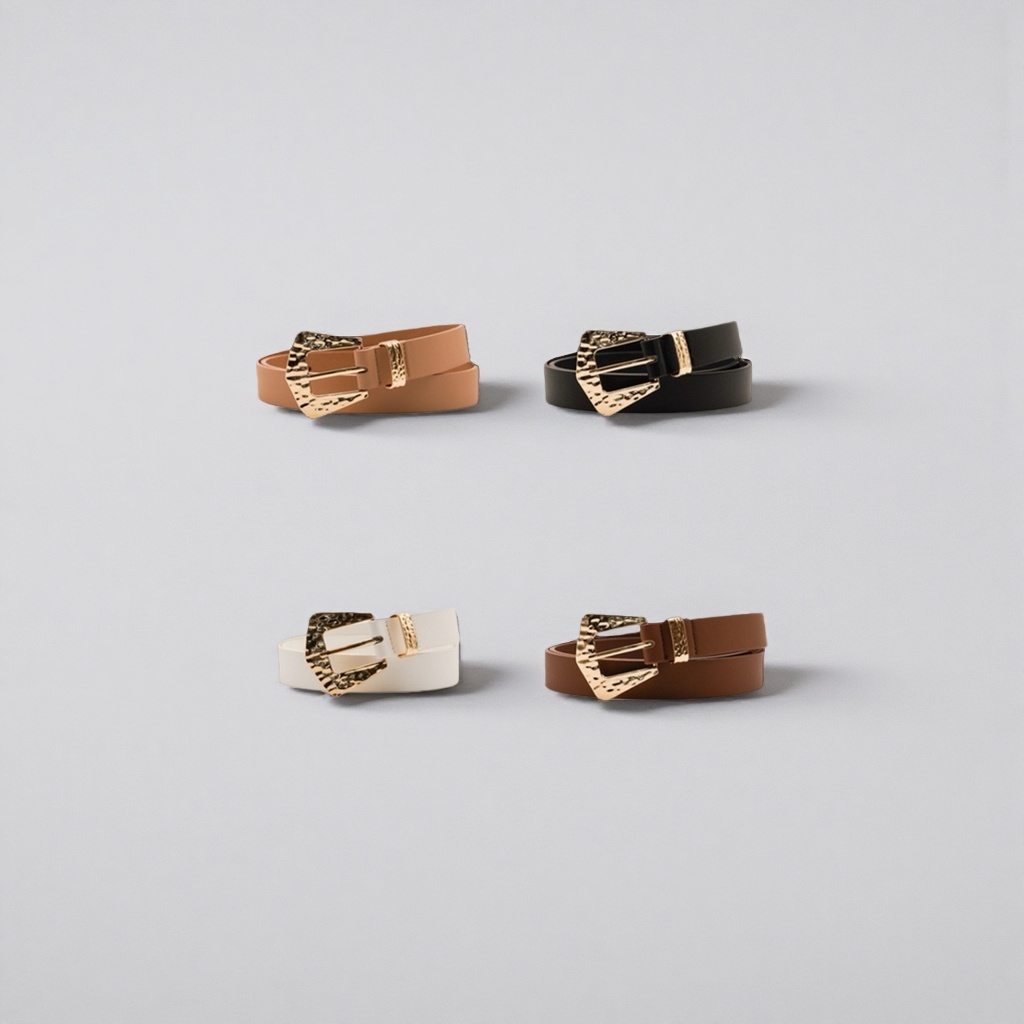 The fashionable belt is available in four colors: brown, black, white and dark brown, with a golden hammer-patterned metal buckle Specification image