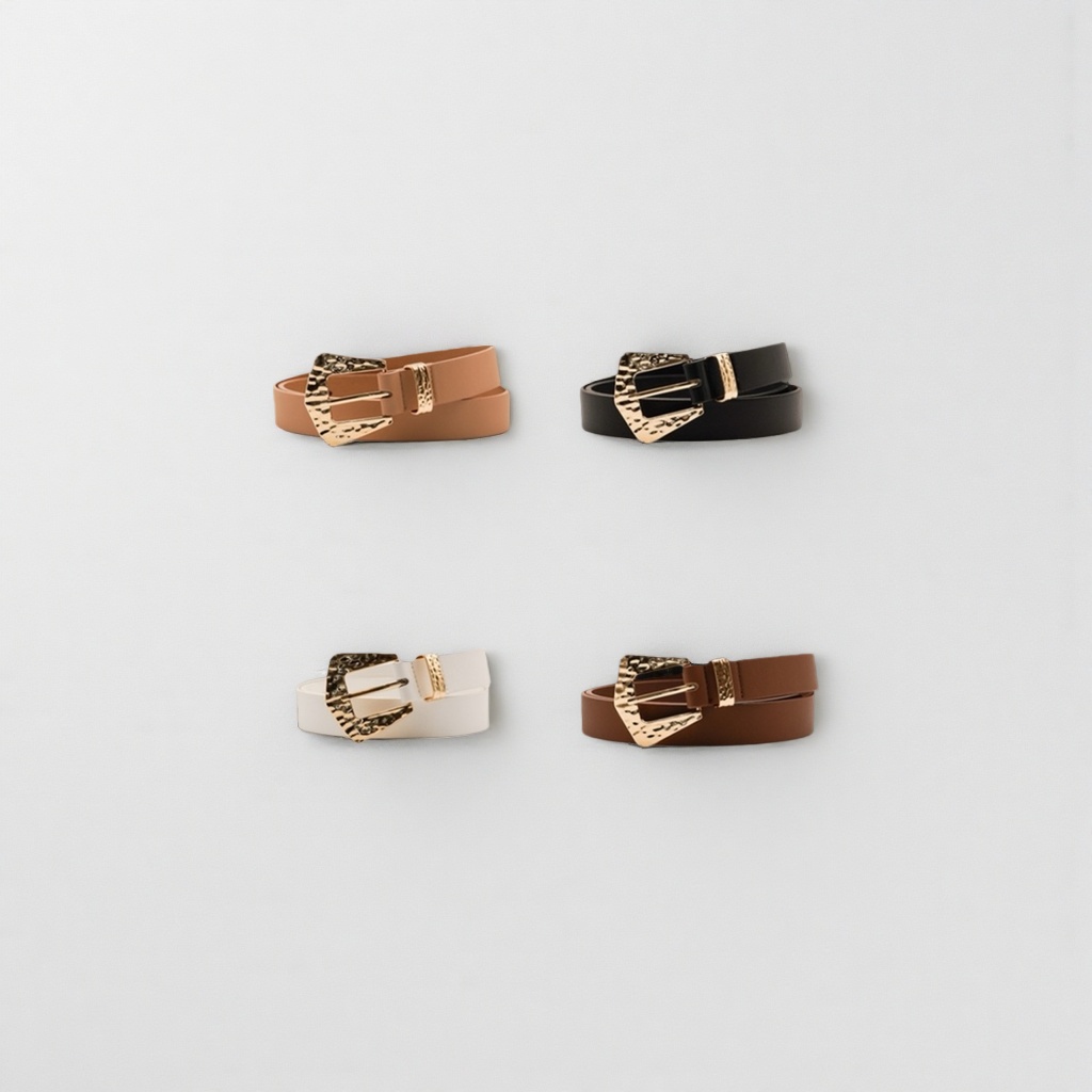 The fashionable belt is available in four colors: brown, black, white and dark brown, with a golden hammer-patterned metal buckle