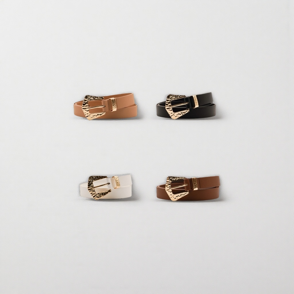 The fashionable belt is available in four colors: brown, black, white and dark brown, with a golden hammer-patterned metal buckle details Picture
