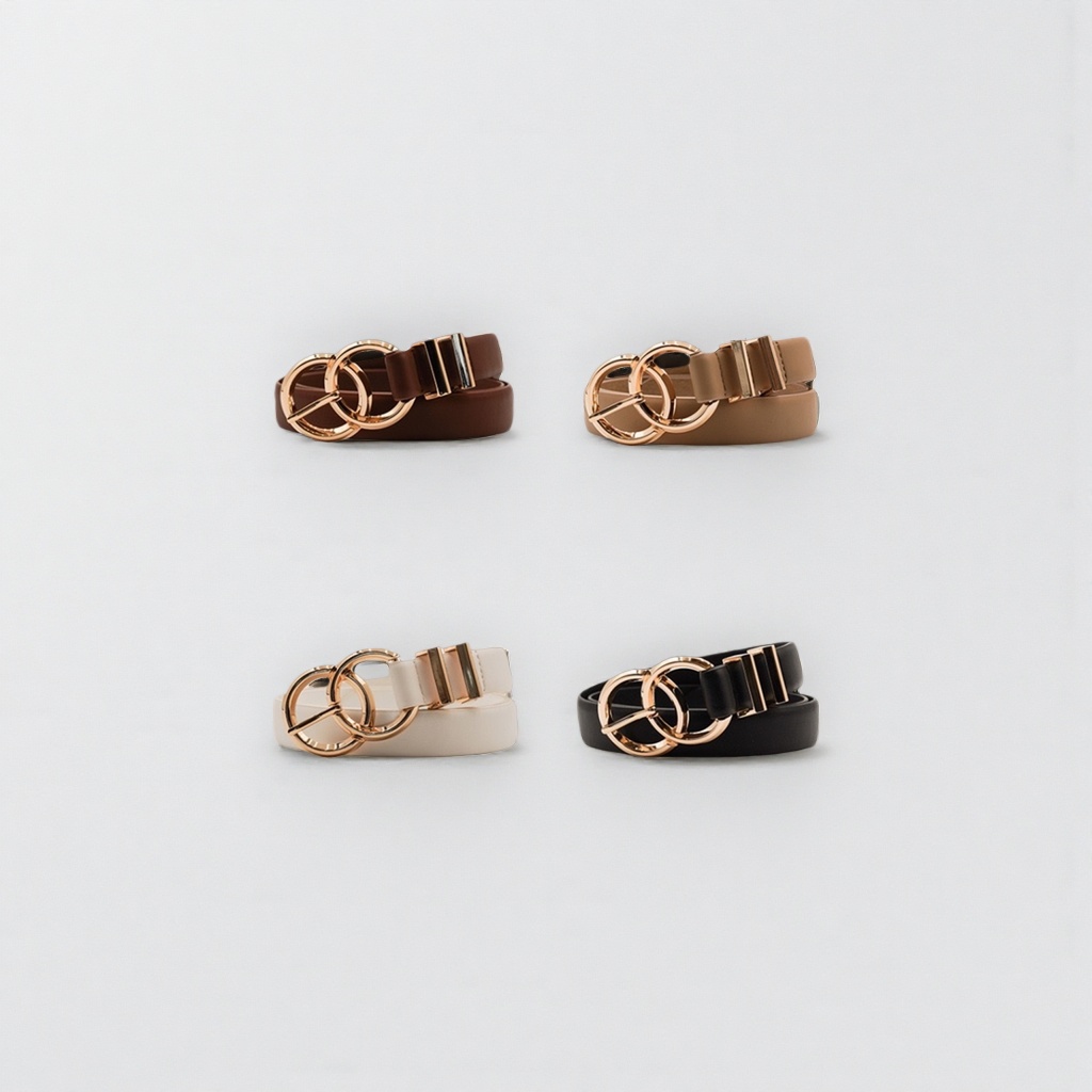 The fashionable belt is available in four colors: brown, light brown, beige, black and gold, with a double loop buckle