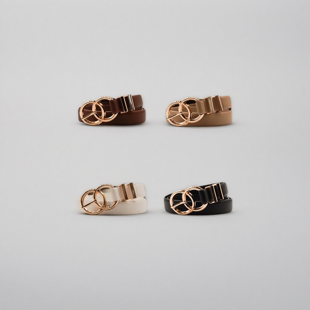 The fashionable belt is available in four colors: brown, light brown, beige, black and gold, with a double loop buckle Application Scenario