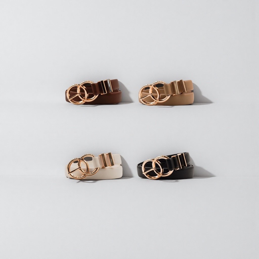 The fashionable belt is available in four colors: brown, light brown, beige, black and gold, with a double loop buckle Specification image