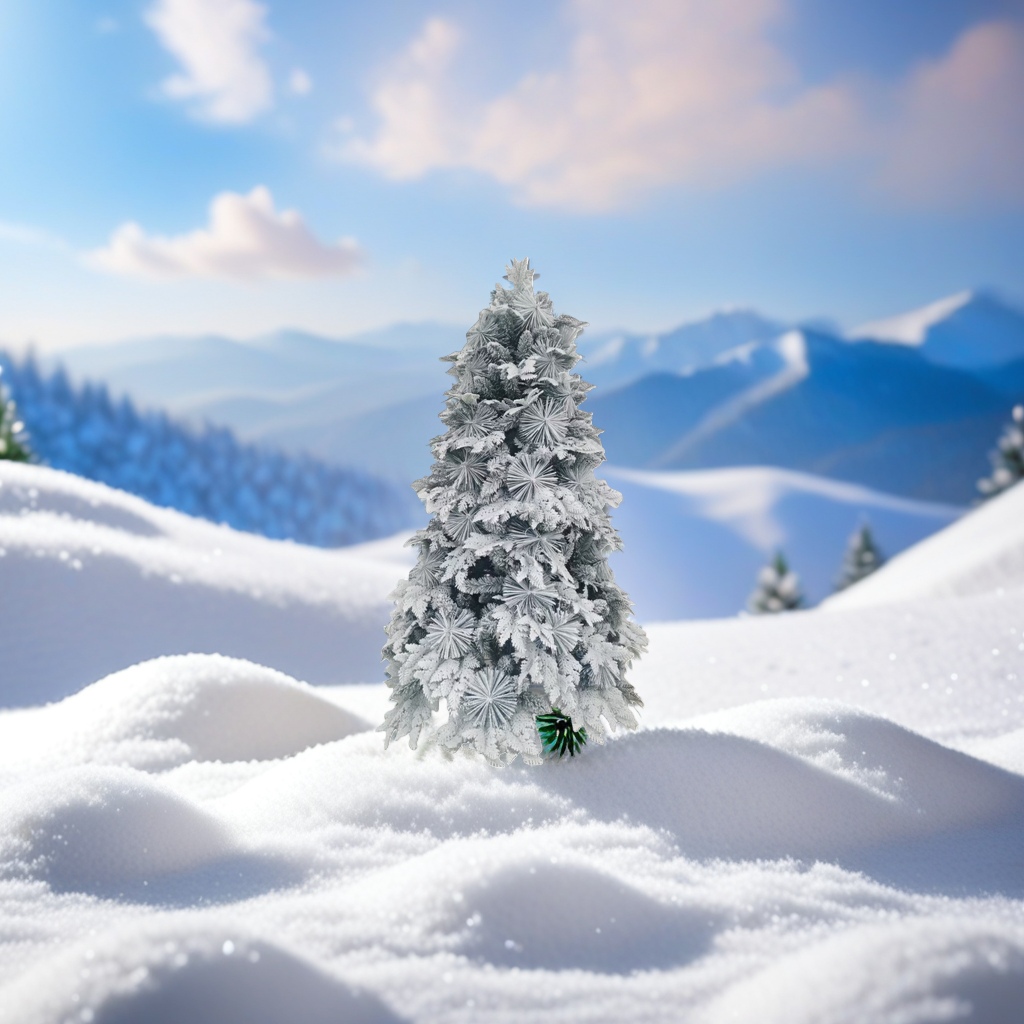 Snow-covered Christmas tree decorative ornaments with simulated pine needles and snowflakes embellish the festive atmosphere