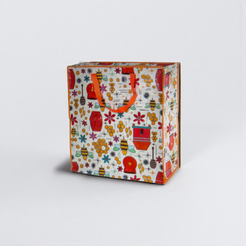 Colorful bee-patterned shopping bag, fashionable and eco-friendly canvas handbag, foldable with large capacity