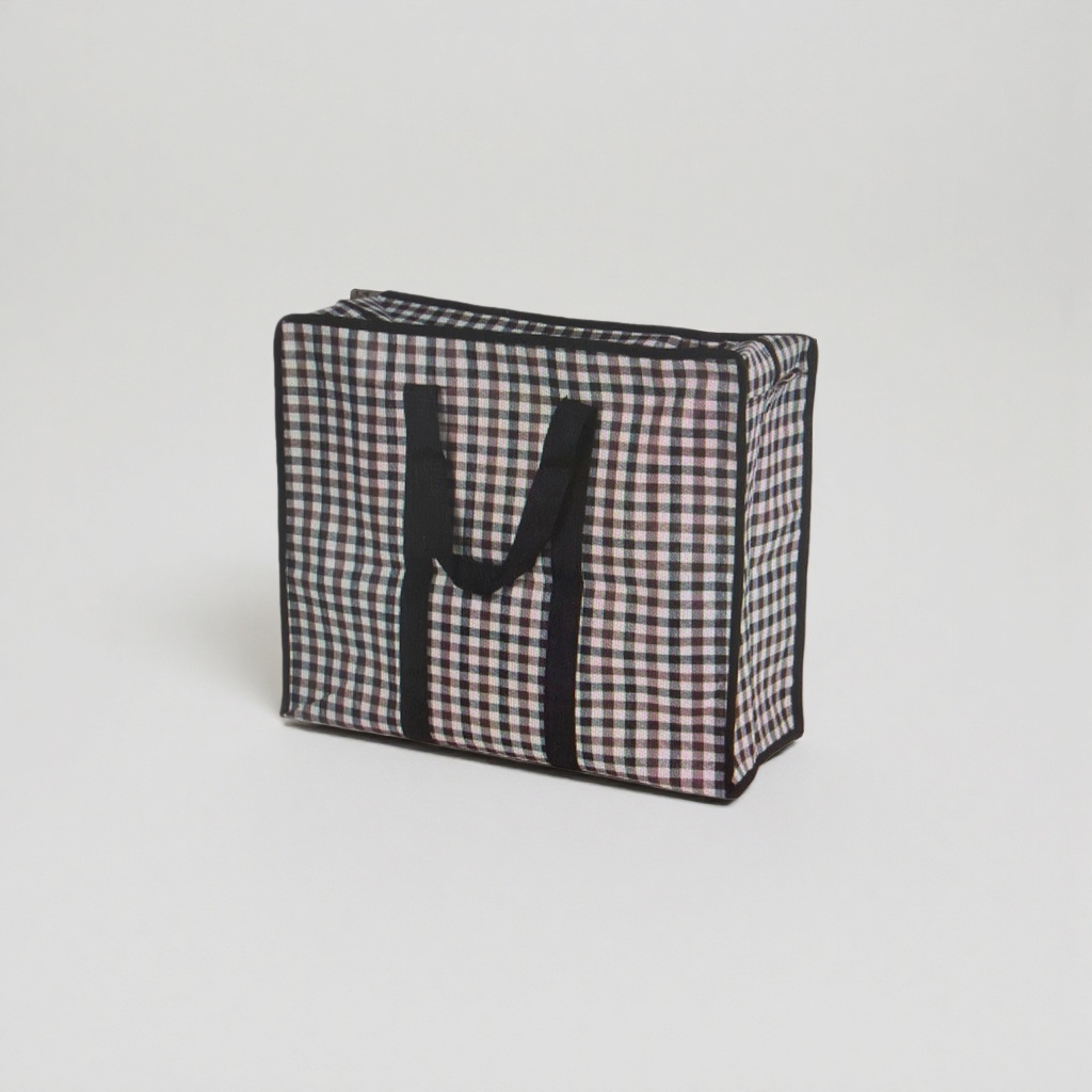 A large-capacity daily commuting shopping bag made of cotton and linen with a checkered pattern details Picture
