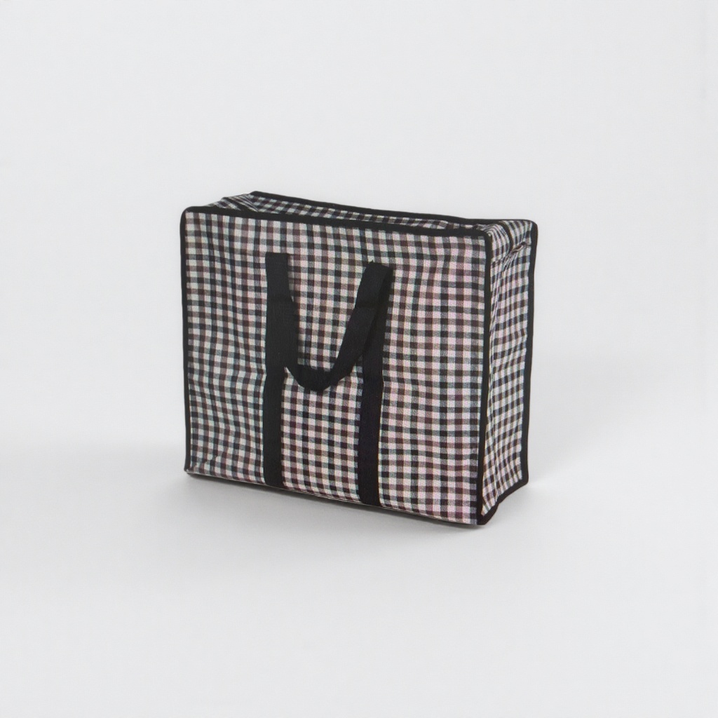 A large-capacity daily commuting shopping bag made of cotton and linen with a checkered pattern