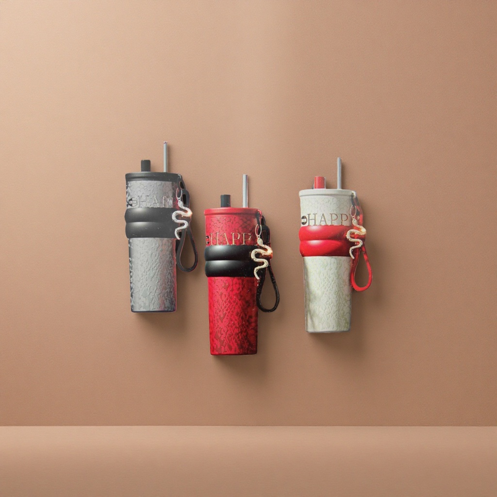 Three sets of HAPPY insulated cups with red background and snake-shaped decoration