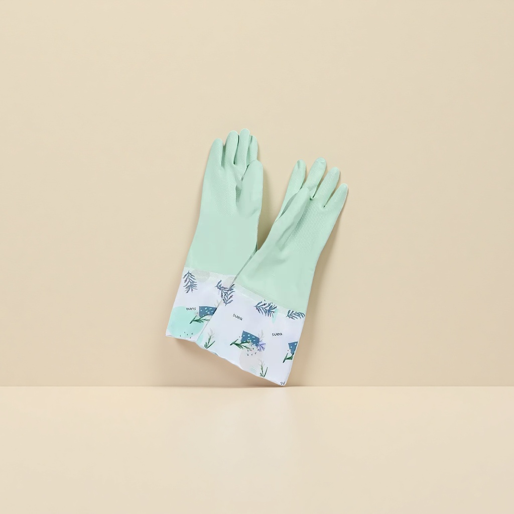 Light green rubber gloves with white plant-patterned fabric wrist cuffs details Picture