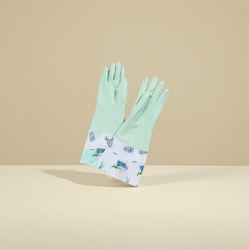 Light green rubber gloves with white plant-patterned fabric wrist cuffs Application Scenario