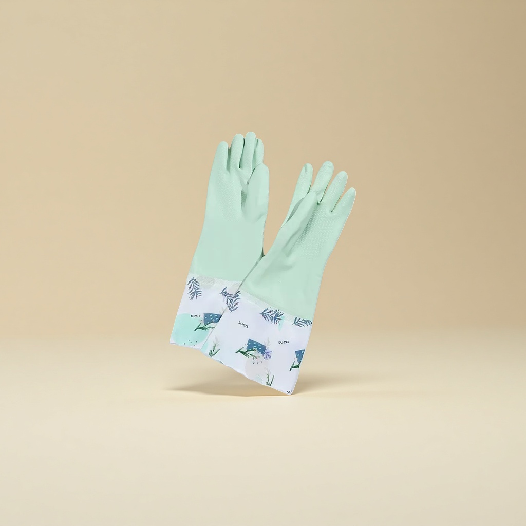 Light green rubber gloves with white plant-patterned fabric wrist cuffs Specification image