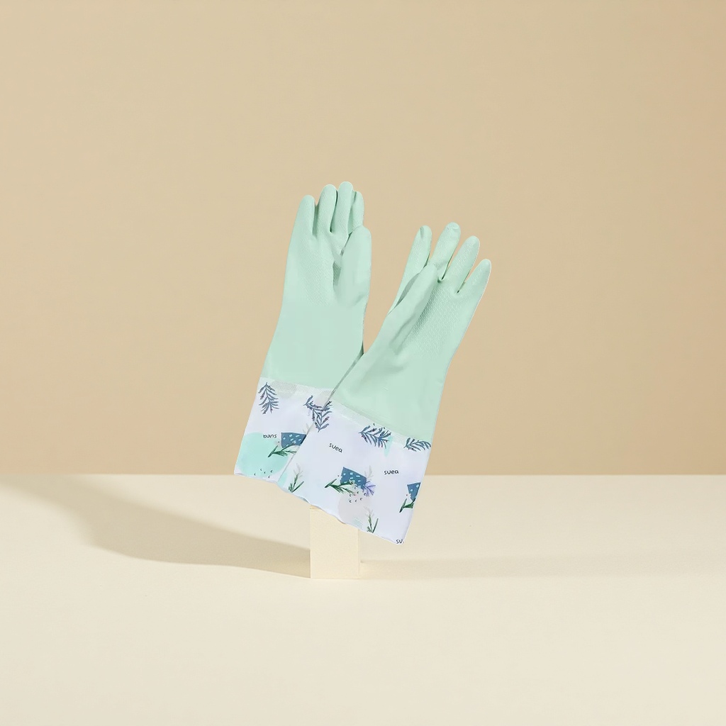 Light green rubber gloves with white plant-patterned fabric wrist cuffs